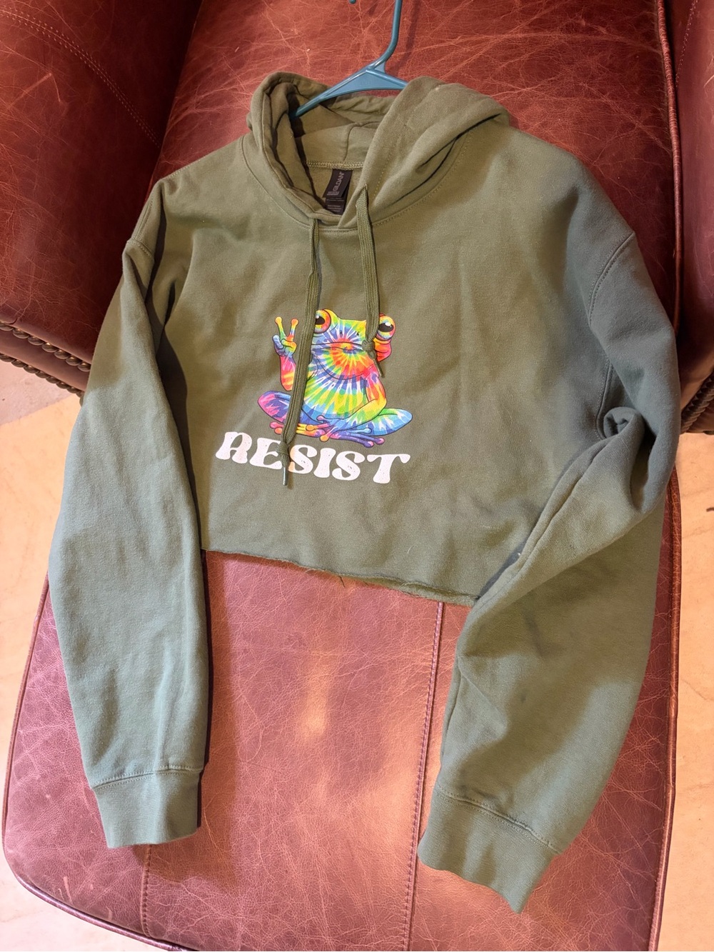 Gildan Olive Green Cropped Hoodie with Tie-Dye Frog Graphic - RESIST